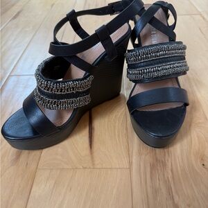 Leila Stone Black Wedge Sandals with Beaded Embellishments